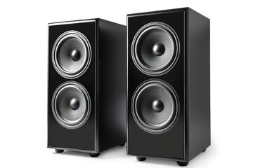 Fototapeta premium A pair of black audio speakers designed for high-quality sound reproduction. isolated on white background