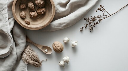 Wooden bowl with nuts and rustic decor