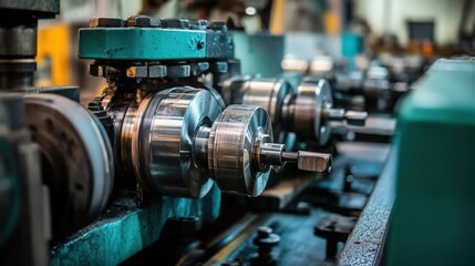 Fototapeta premium Close-up of industrial machinery with metallic components and green accents