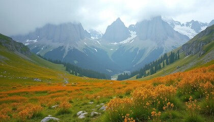 Obraz premium Panoramic mountain pasture with bright vegetation against a backdrop of misty peaks