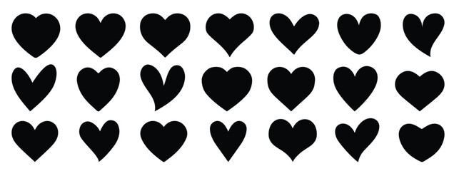Set of hearts in black color, heart icons set vector, set of hearts different shapes for design. Heart collection. Vector art. Heart, love, romance hearts. Heart vector icons. Heart love symbol black