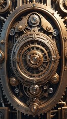 Obraz premium Intricate steampunk gear mechanism with detailed brass components and a metallic background