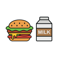 Milk bottle drink and hamburger food icon illustrated in a playful cartoon style bursting with vivid colors and cheerful vibes, making it suitable for kid-friendly content, casual games, and fun brand