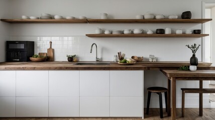 Modern Minimalist Kitchen:  Warm Wood, White Cabinets, and Elegant Decor