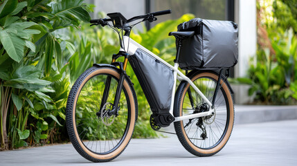Fototapeta premium delivery bike with large insulated bag, surrounded by lush greenery