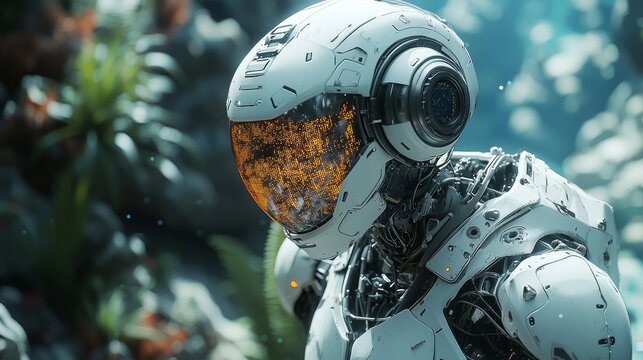 Futuristic humanoid robot with a translucent visor exploring an alien underwater environment rich in flora and dynamic lighting