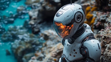 Fototapeta premium Futuristic robot exploring rocky coastline with vibrant ocean backdrop and glowing visor, showcasing advanced technology and serene atmosphere