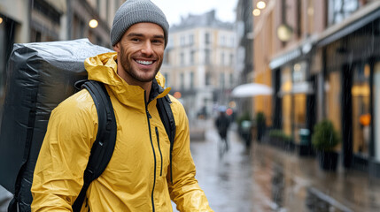 Fototapeta premium smiling man in yellow rain jacket carrying backpack in rain