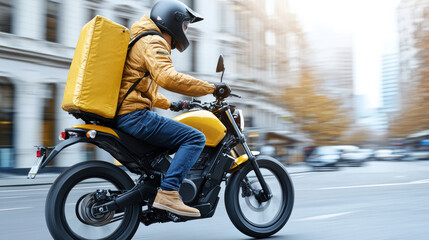 Naklejka premium delivery person riding motorcycle through city street