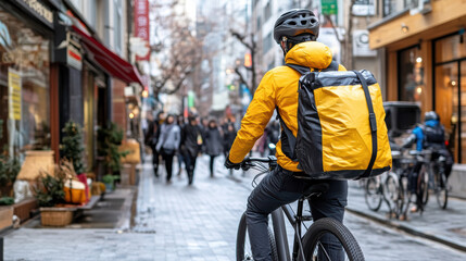 Obraz premium delivery person in yellow jacket rides bike through busy street