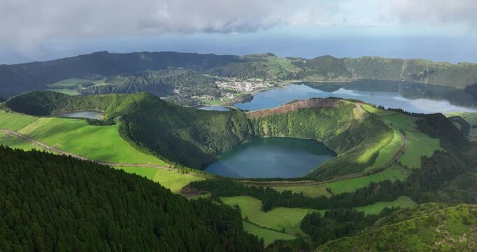 Sete Cidades lake, aerial overview in the Azoren, Sao Miguel, Portugal.