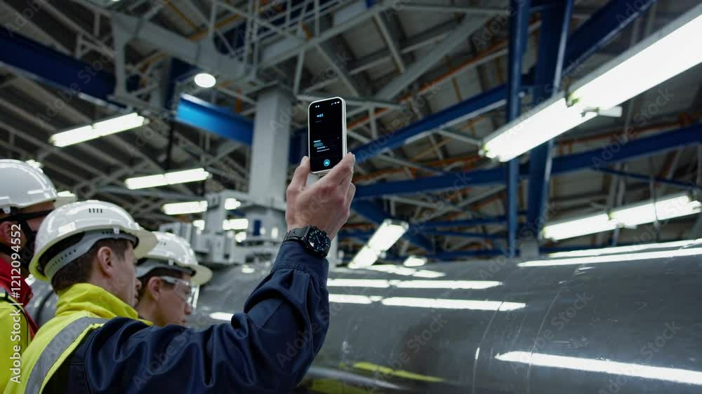 Poster Workers use smartphone to inspect large industrial equipment in factory setting