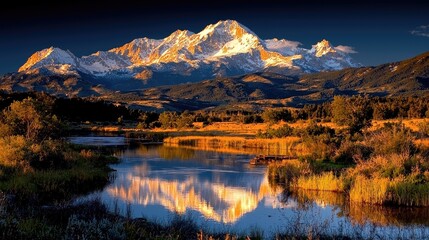 Obraz premium Majestic mountain sunrise reflected in tranquil lake