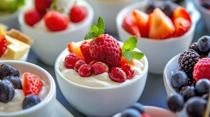 A selection of low-sugar desserts, displayed with fresh fruits and natural sweeteners, highlighting healthier dessert options