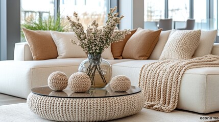 Modern living room, sectional sofa, neutral decor, coastal view, home staging