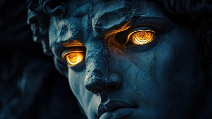 Obraz premium Marble sculpture of Hades with glowing golden eyes in gothic setting