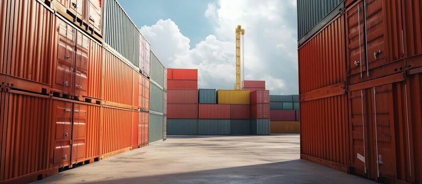 Shipping Container Terminal: Rows of stacked shipping containers form a vibrant, colorful corridor at a bustling container terminal under a bright sunny sky.