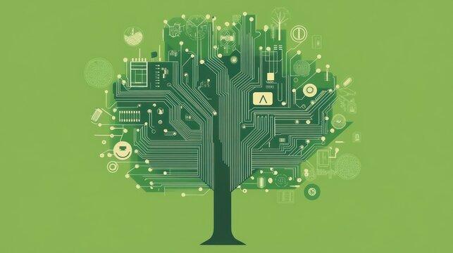 Green circuit board tree with technology icons.