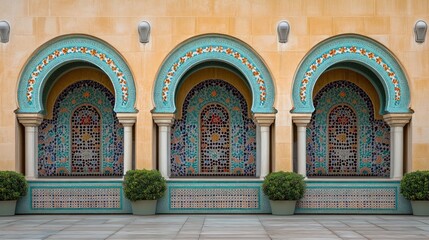 Obraz premium Moorish arches, courtyard, mosaic, building, tranquil, design, travel, architecture, serene