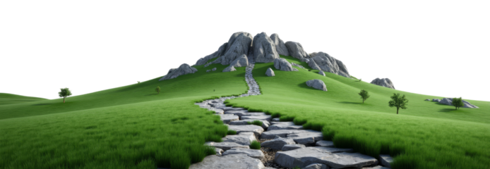 Stone path on a green hill leading to rocks with trees transparent background