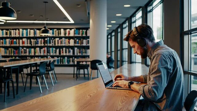 Struggling student works in quiet library with headphones on during late night study session