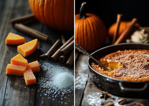 Baked pumpkin with raw sugar and cinnamon sticks. Pumpkin pie with crispy and caramelized texture. Collage of rustic baking autumn aesthetics photos