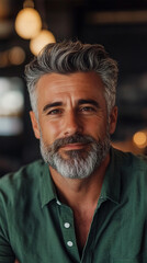 Fototapeta premium Handsome 50s mid age physically fit senior man model dark hair smiling mature stylish beard close up green festive shirt face well groomed skincare fitness St. Patricks Day party background
