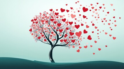 Fototapeta premium Love tree illustration with heart-shaped leaves serene background digital art nature whimsical concept