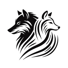 Obraz premium A black and white silhouette of wolf and she-wolf, minimalist stroke lines, minimalist art, vector, isolated, transparent background