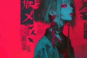 Stylish Anime Girl Red Background Abstract Art