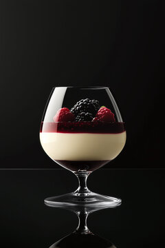 Panna cotta dessert with creamy and fruity layers in glass on dark background. Suitable for restaurant and coffee shop menu design