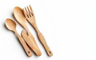 Biodegradable cutlery mockup isolated on white background. Compostable, eco friendly materials concept, conscious, sustainable, organic, natural, green, renewable, environmentally safe, decomposable