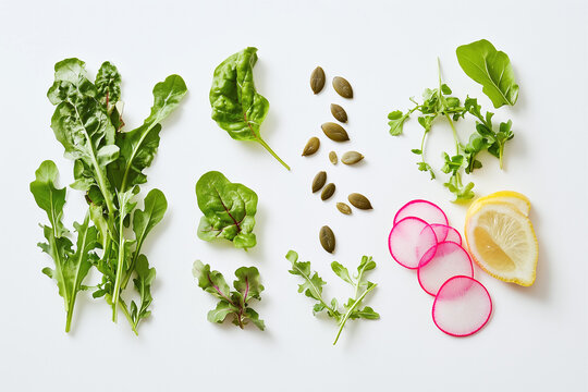 Fresh salad ingredients including arugula, lettuce, sliced radish, pumpkin seeds, and olive oil arranged on a white background. Healthy, organic food concept for clean eating and nutrition.