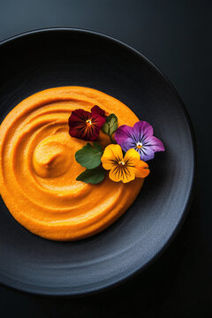 Smooth sweet potato paste with coconut milk, curry and edible flowers. Minimalist modern food photo