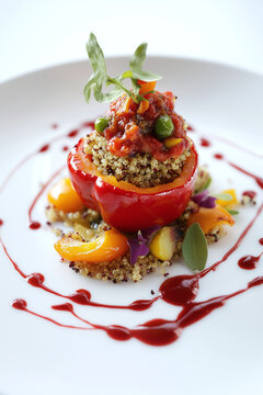 Stuffed peppers filled with quinoa and assorted vegetables, drops of tomato sauce artfully spread across the plate