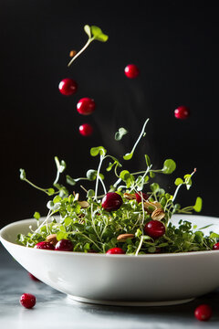Fresh microgreens salad with cranberries and nuts, captured in motion. Vibrant, healthy dish rich in vitamins and antioxidants. Perfect for nutrition, wellness, and gourmet food photography.