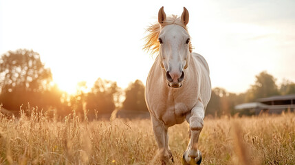 Obraz premium horse running freely in open field during sunset, showcasing joy and freedom