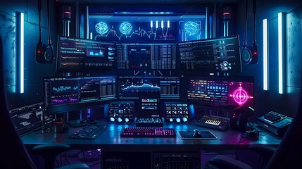 Obraz premium Futuristic Workstation With Multiple Monitors Displaying Data