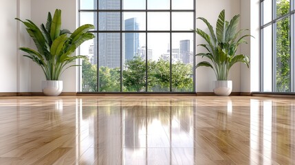 Fototapeta premium Modern empty room, city view, hardwood floor, plants. Ideal for real estate