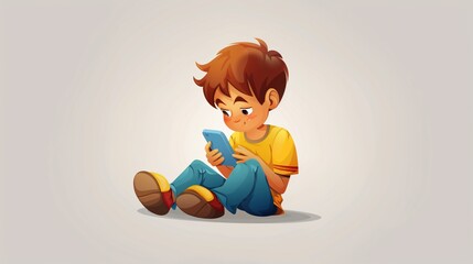 Young Boy Engaged with Smartphone - Cartoon Vector Illustration