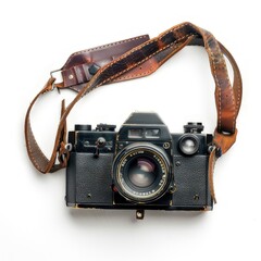 Vintage camera with a leather strap, used for photography. isolated on white background