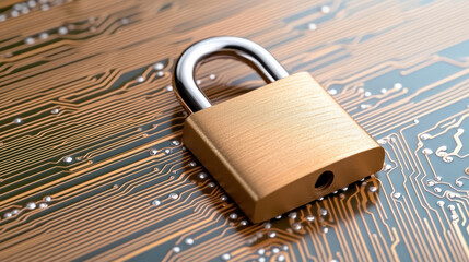 padlock resting on digital circuit board symbolizes security and technology