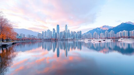 Fototapeta premium Cityscape sunrise reflection, harbor, mountains, autumn trees. Ideal for travel brochures