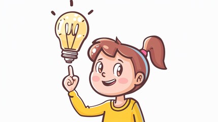 Creative Idea Concept with Girl and Kid Pointing at Lightbulb Icon Cartoon