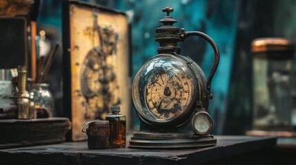 Antique clock and vintage items in a rustic setting