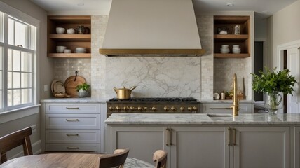 Fototapeta premium Elegant Gray Kitchen with Marble Backsplash and Brass Accents