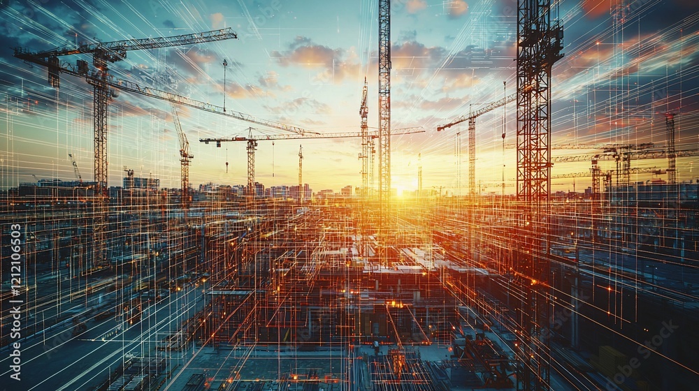 Poster construction site at sunset with multiple cranes and city skyline, overlaid with digital network gri