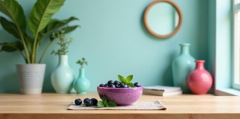 A bowl of blueberries with mint leaves sits on a wooden table, next to several vases and a potted plant, creating a tranquil and refreshing scene.