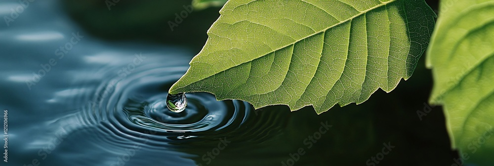 Aufkleber water droplet falling from a leaf onto a still water surface, creating concentric ripples.