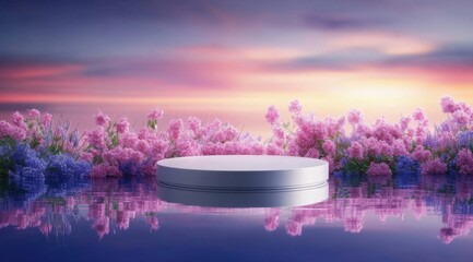 A round platform on the water, surrounded by pink flowers, with a blue and purple gradient background, a product display scene, with plenty of space for text or logo